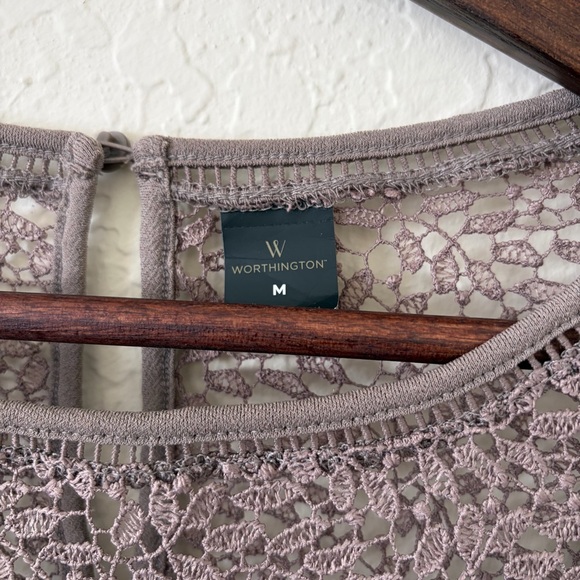 NWT Worthington Taupe Lace Yolk Accent Ruffle Flounce Sleeves Blouse Quiet Lux - Picture 5 of 9